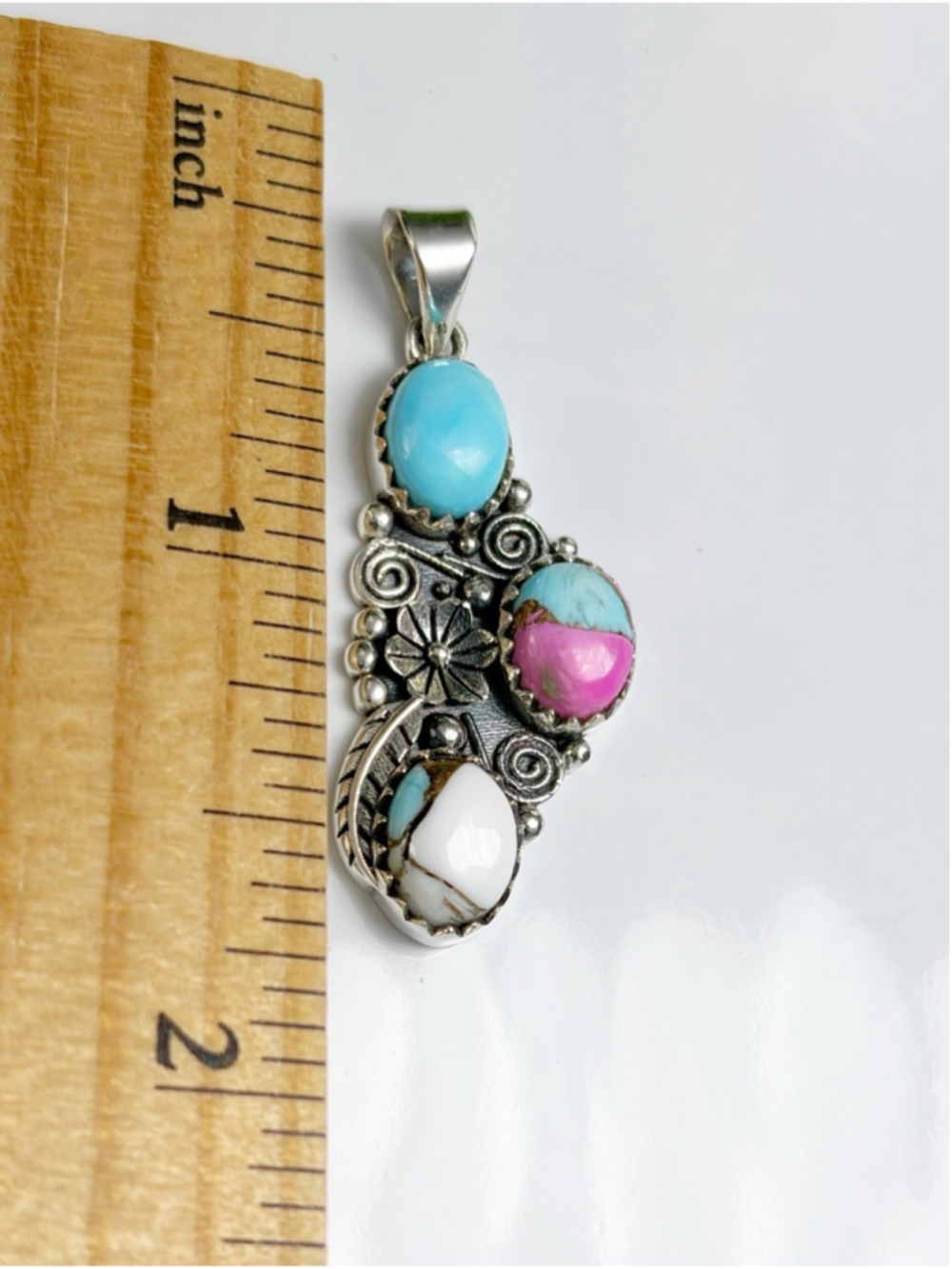 Sterling Silver 925 Genuine Cotton Candy Dahlia Kingman Turquoise Pendant - Picture 6 of 8